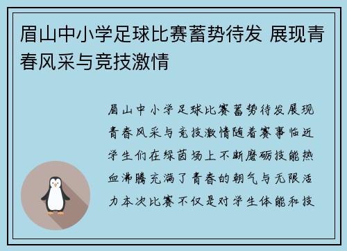 眉山中小学足球比赛蓄势待发 展现青春风采与竞技激情