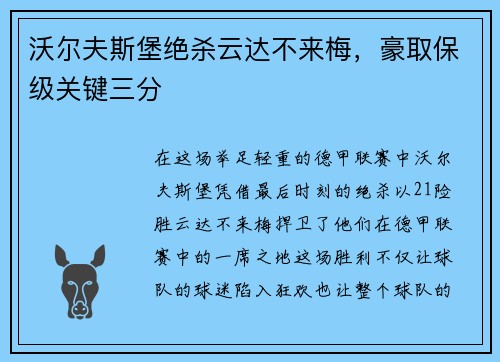 沃尔夫斯堡绝杀云达不来梅，豪取保级关键三分
