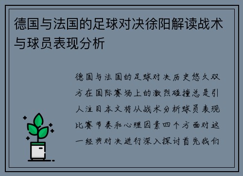 德国与法国的足球对决徐阳解读战术与球员表现分析